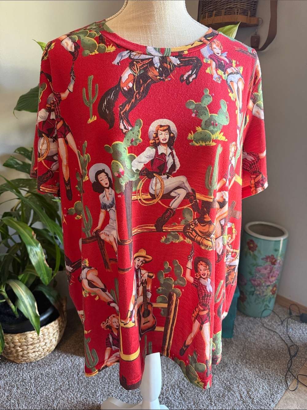 Red Western Cowgirl Print Tee